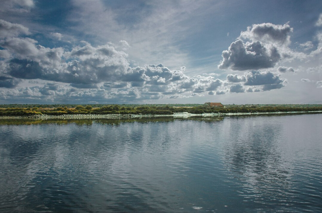 Aerial view of an industrial outfall discharging into a Portuguese river estuary